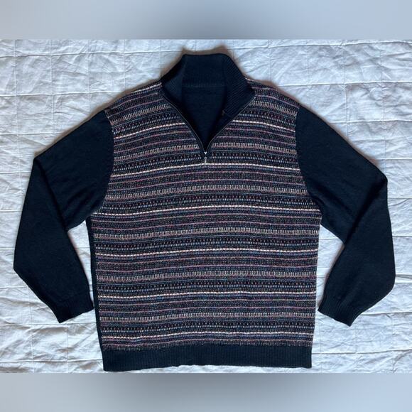 Andean Black Multicolor Fair Isle Stripe Quarter Zip Baby Alpaca Blend - Large - Picture 1 of 9